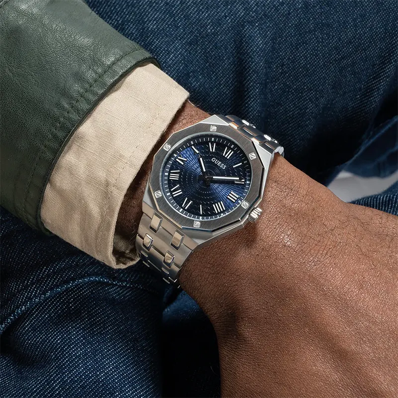 Guess Asset Blue Sunray Dial Silver-tone Men's Watc- GW0575G4